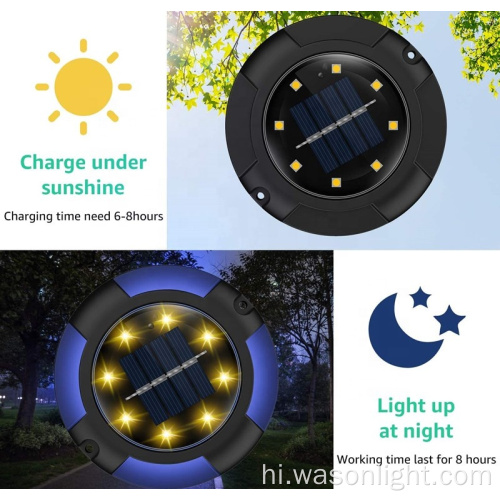 सोलर ग्राउंड लाइट्स 8 एलईडी डिस्क लाइट्स बगीचे, लॉन, पाथवे, वॉकवे, डेक, यार्ड के लिए सौर ऊर्जा संचालित वाटरप्रूफ इन-ग्राउंड लाइट्स